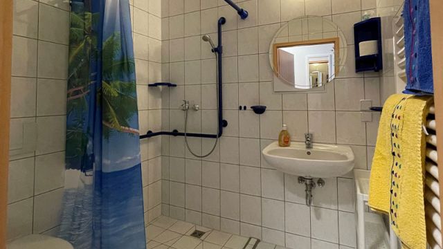 Ein barrierefreies Badezimmer mit Palmen-Duschvorhang in einer Wohnung zur Miete in Magdeburg.